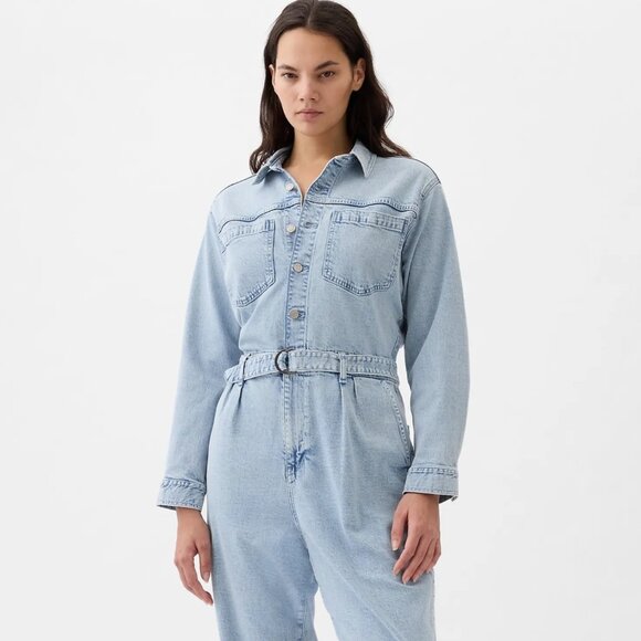 NWT GAP Stonewashed Denim Jumpsuit Belted Long Sleeve Light Jean Women's Size‎ 8 - Picture 7 of 16